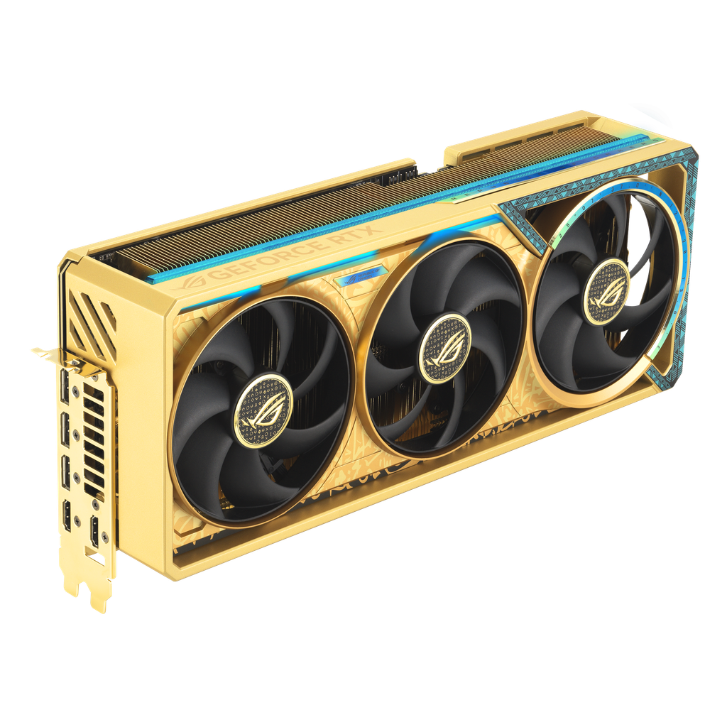 ROG Astral GeForce RTX 5080 Dhahab CORE OC Edition.png_angled top down view focous on IO+lighting